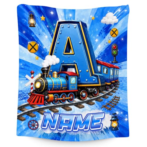 Personalized Kids Blanket for Boys Blue - Custom Train Throw for Toddlers