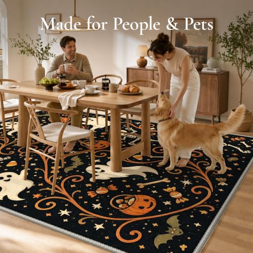 Halloween Skeleton Pumpkin Ghost Rug - Non Slip 2x6 Runner with Variation - Cute Pumpkin Noir