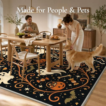 Halloween Skeleton Pumpkin Ghost Rug - Non Slip 2x6 Runner with Variation - Cute Pumpkin Noir