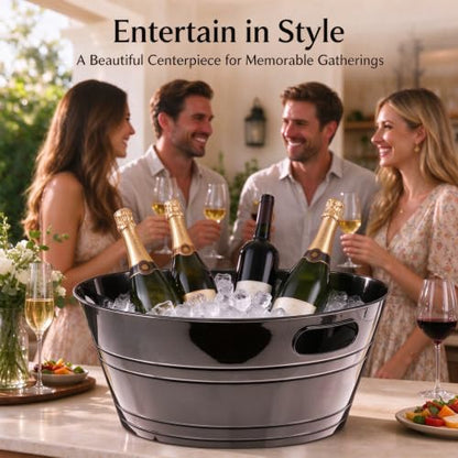 Large Black Ice Bucket with Handles, 17.6 Inch Party Tub for Drinks & Snacks
