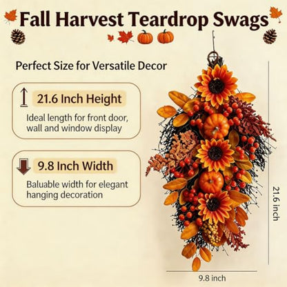 2 Pack Fall Harvest Teardrop Swags for Front Door - Autumn Decor