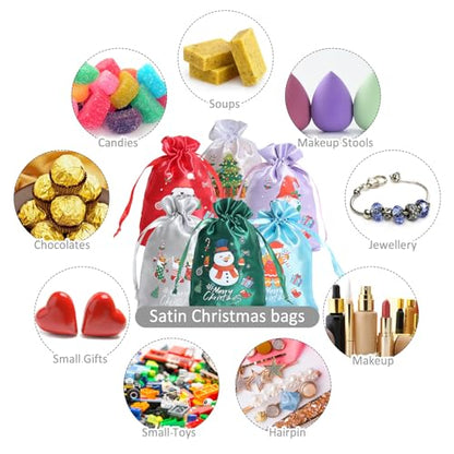 24 Pcs Small Satin Christmas Gift Bags with Drawstring – 4x6 Inch Holiday Treat Bags