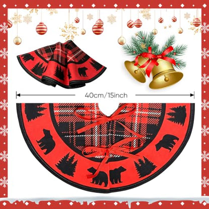 Mini Christmas Tree Skirt Black Bear Red and Black Cabin Plaid 15" - Festive Holiday Decor
