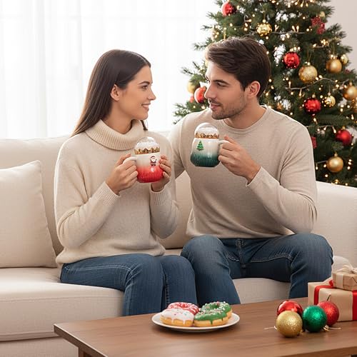 Christmas Coffee Mugs 2-Pack 15oz Ceramic with Snow Globe Lids - Red & Green Santa & Tree Gift Set