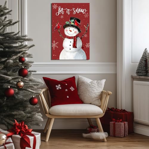 Snowman Christmas Wall Art Let It Snow Red Canvas 24x36 Inches - Holiday Decor