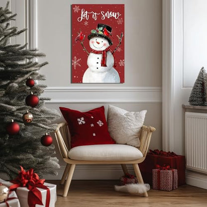 Snowman Christmas Wall Art Let It Snow Red Canvas 24x36 Inches - Holiday Decor