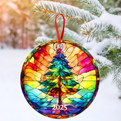 2025 Christmas Tree Ornaments Acrylic Faux Stained Glass Effect Gift Set - Tree Variation