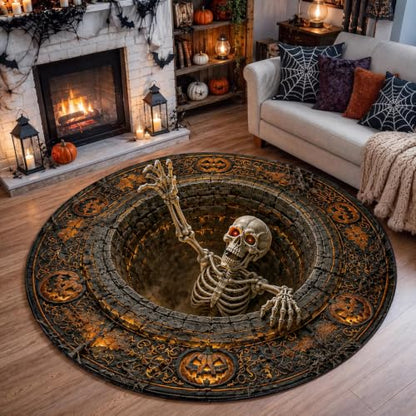 NAZENTI 3D Skeleton Optical Illusion Round Rug - Halloween Floor Mat, Spooky Pumpkin Hole Design, Skeleton Vortex Decoration, Design 1