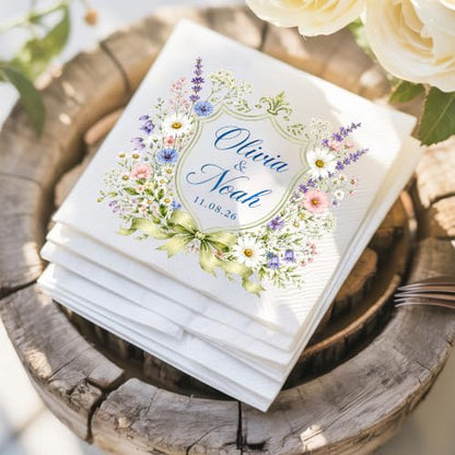 GiveSmiles Personalized Wildflower Wedding Cocktail Napkins with Names & Date - Style 7