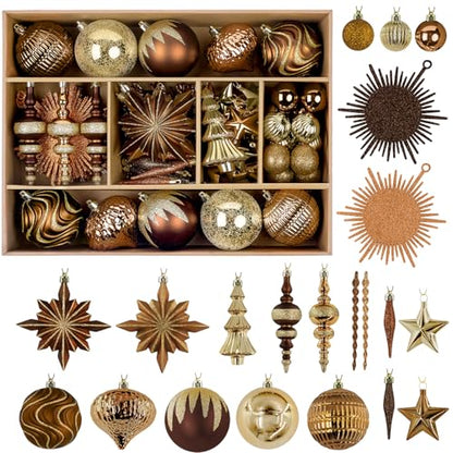 Christmas Tree Ornaments Set - Brown Copper Gold, 80 Pieces, Shatterproof Decorative Balls