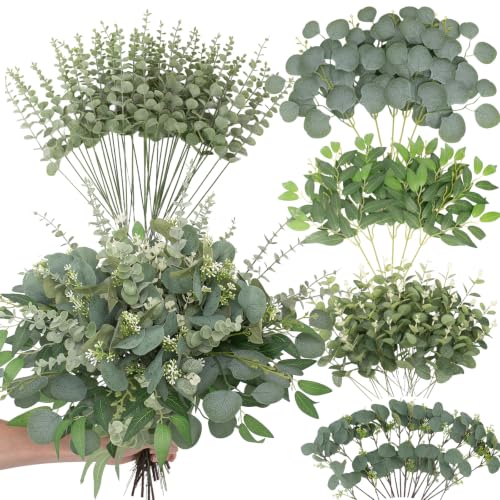 120 Pcs Artificial Eucalyptus Stems Bulk - Mixed Green Foliage, Daynight 120