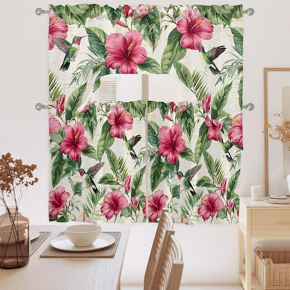 Red Flower Swag Kitchen Curtains Set - 3 Piece Summer Valance & Tier, 56 x 36 Inches, Variation of 27.5W x 24L