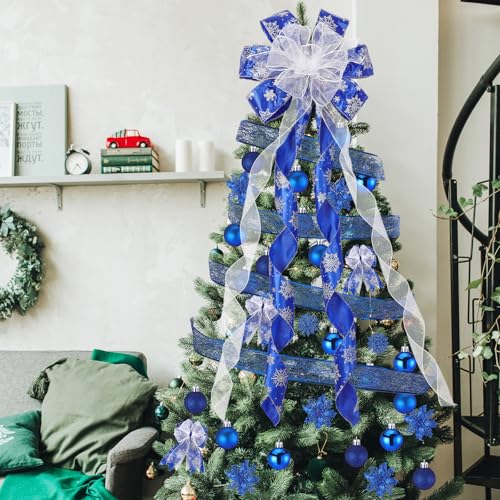Christmas Tree Decorations Set - Blue & Glitter Holiday Ornaments with Bow Toppers