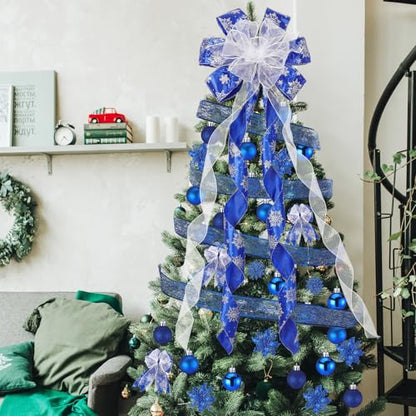 Christmas Tree Decorations Set - Blue & Glitter Holiday Ornaments with Bow Toppers