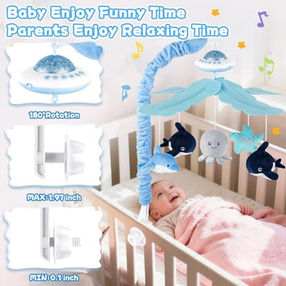 Baby Crib Mobile with Music Lights & Remote Control for Nursery, Rotation & Starlight Projection