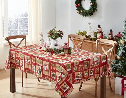 Christmas Forest Friends Vinyl Square Tablecloth 52 x 52 Inch with Flannel Backing - Red & Woodland Animals