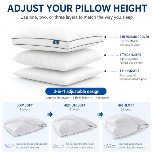 Adjustable Standard Size Pillow for Side Sleepers - White - 1 Pack