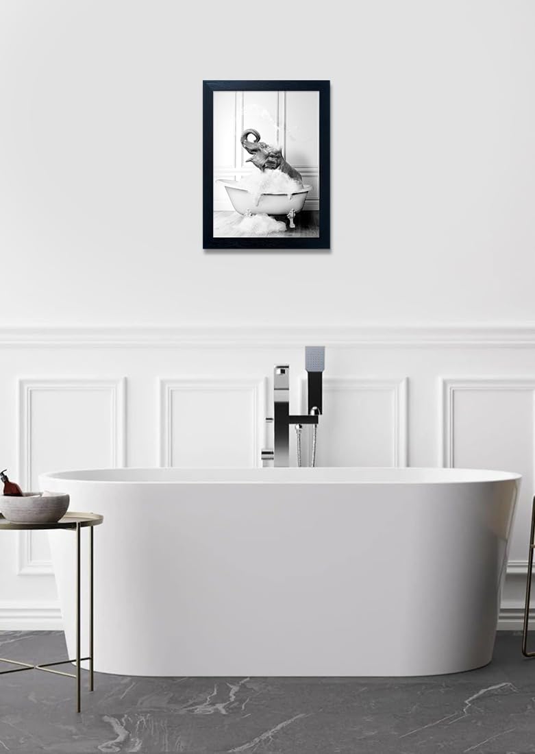 Regine Switzerland Elephant in Bathtub Wall Art - Funny Black and White Canvas Print for Bathroom Decor