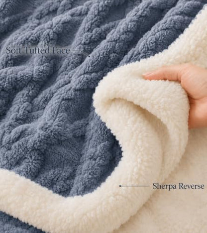 Reversible Sherpa Fleece Blanket for Bed - Blue, Twin 71x79 Inches - Heavyweight Warmth