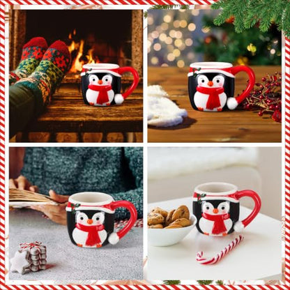 4 Pcs Christmas Penguin Ceramic Mug Set - 11 oz Holiday Drinkware - Variation of 4