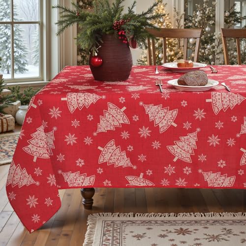 Christmas Tree & Snowflake Tablecloth - Spill-Proof, Stain-Resistant Rectangular 60x102 Inch - Holiday Party Decor