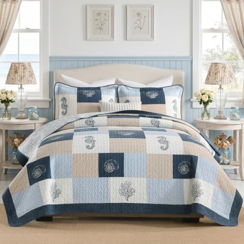 PERHOM Reversible Nautical Cotton Quilt Set Queen Navy Blue Light Blue Beige 98x90