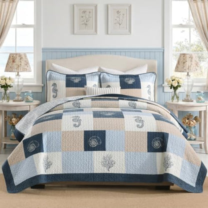 PERHOM Reversible Nautical Cotton Quilt Set Queen Navy Blue Light Blue Beige 98x90