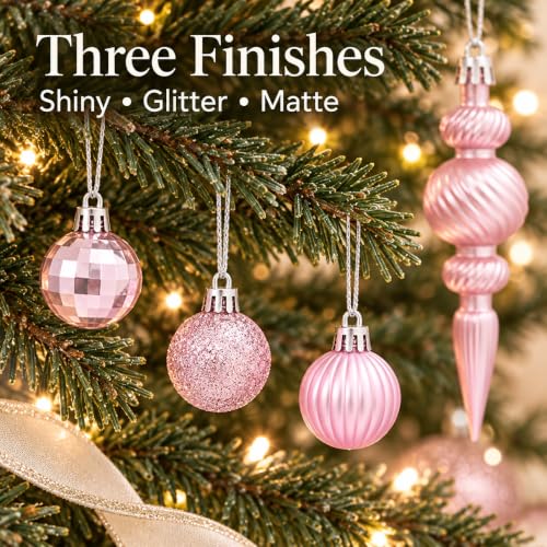 Pink Mini Christmas Ornaments Set with Star Tree Topper - 32PCS, Shatterproof