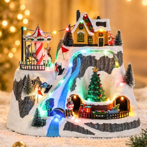 VCUTEKA Christmas Village Houses with Ski Slope, Moving Train & Carousel - Ski Peak Variation