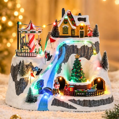 VCUTEKA Christmas Village Houses with Ski Slope, Moving Train & Carousel - Ski Peak Variation