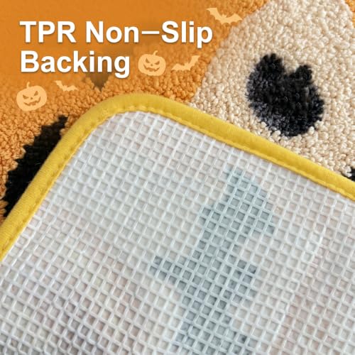 Halloween Pumpkin Bat U-Shaped Toilet Rug - Yellow Pumpkin, Plush Non-Slip Bathroom Mat