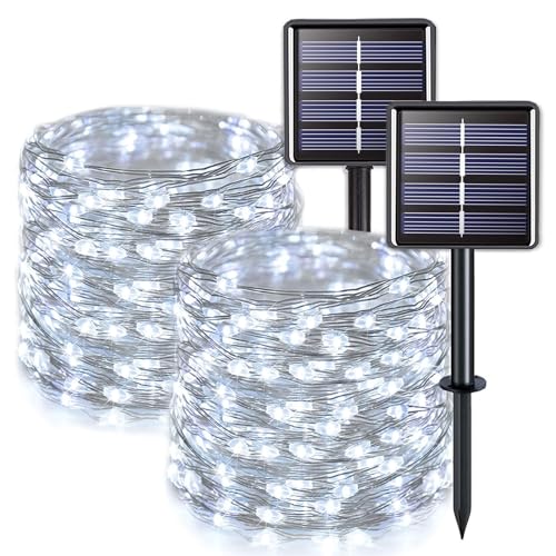 Solar String Lights Outdoor 66FT 200 LEDs White 2-Pack with Reel & 8 Modes