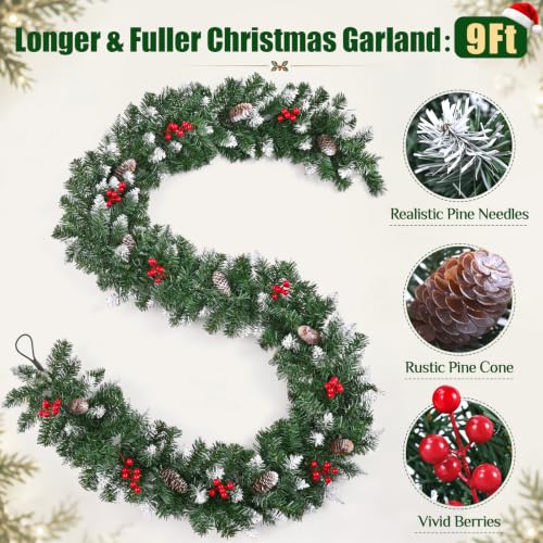 9FT Pre-Lit Christmas Garland with Lights, Realistic Greenery & Red Berries - 1 Pcs