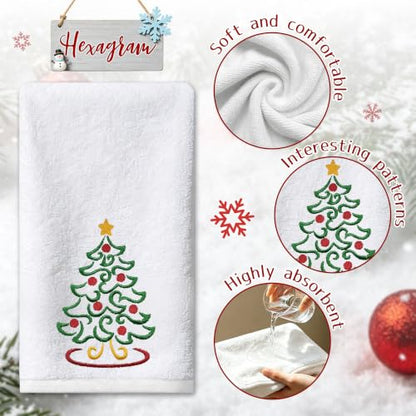 Hexagram Christmas Hand Towels - 14x30 Inch Embroidered Tree Bathroom Decor Set