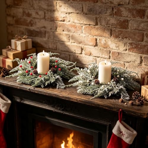 Christmas Berry Candle Wreaths Set of 6 - Faux Cedar Pine Cones Holiday Decor