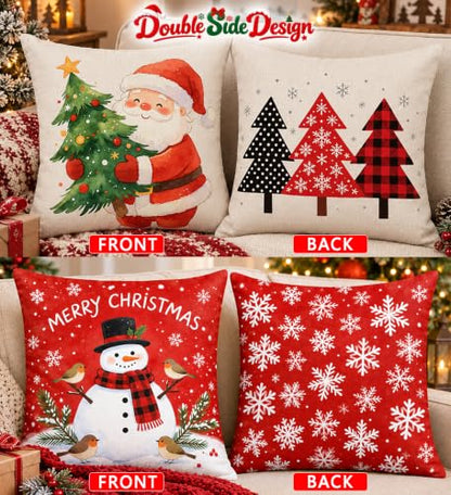 Christmas Pillow Covers 18x18 Inch Set of 4 Double-Sided Linen Decor - Holiday