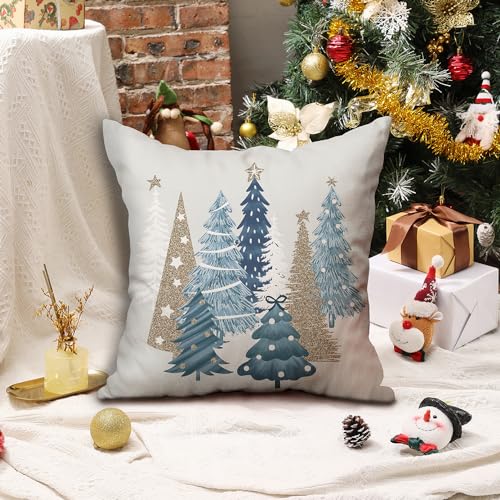 Christmas Pillow Covers 18x18 Inch Set of 2 Off-White Xmas Tree Decor for Home Couch