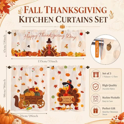 Thanksgiving Turkey Fall Kitchen Curtain Set 3 Pieces - Turkey / 11.4"W x 11.4"L