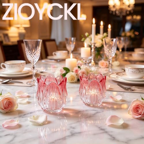 Pink Tulip Candle Holder Set - Decorative Glass Votive for Tealights