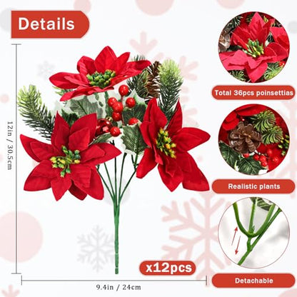 Artificial Christmas Poinsettia Flowers with Red Berries - Red & Green, 12 Pcs