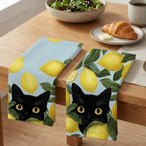 Black Cat Kitchen Towel Set - Decorative Lemon Pattern, 16x24 Inches