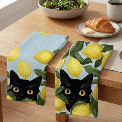 Black Cat Kitchen Towel Set - Decorative Lemon Pattern, 16x24 Inches