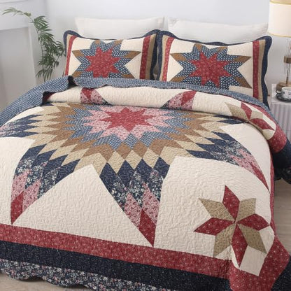 VCTOPS Vintage Star Patchwork Cotton Bedspread Quilt Set Navy Queen Variation
