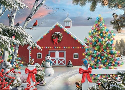 Festive Farm Christmas Cards with Foil-Lined Envelopes - Red Barn Holiday Set, 15 Cards