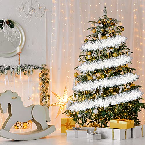 33ft White Christmas Tinsel Garland - Twisted Metallic Decor for Holiday & Home