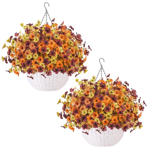 Fall Hanging Flower Baskets with Artificial Flowers - Outdoor Decor Set