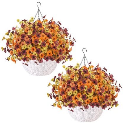 Fall Hanging Flower Baskets with Artificial Flowers - Outdoor Decor Set
