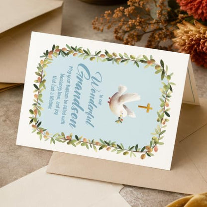 Grandson Baptism Card with Envelope - Christening Greeting Card 5x7 inches