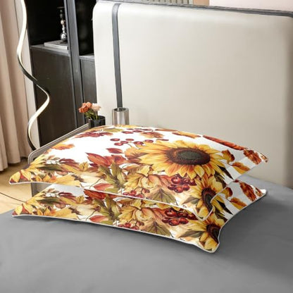 Feelyou Sunflower Duvet Cover Set - 100% Cotton King Size White Yellow & Red Orange Bedding with Zipper Closure
