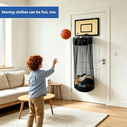 Wooden Basketball Laundry Hamper with Over-the-Door Hoop - Space-Saving Organizer